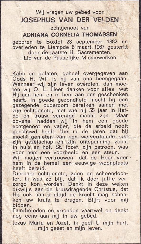 Velden Josephus 1882 Boxtel 1967 Liempde, Ophalen of Verzenden, Bidprentje