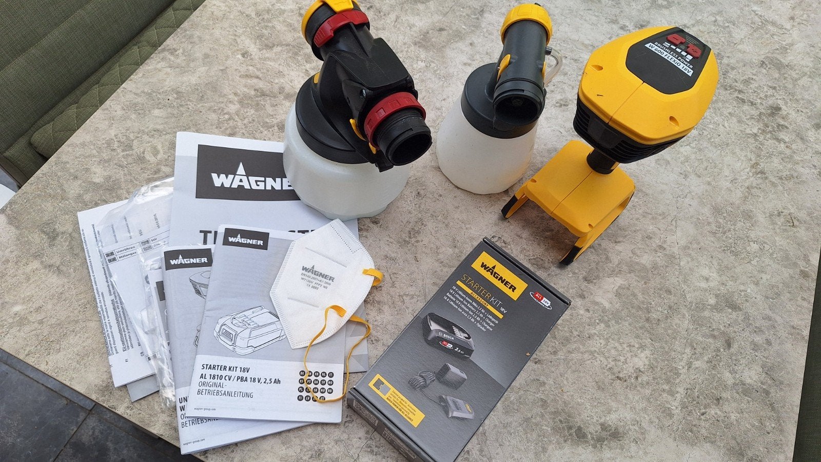 Wagner Verfspuit Flexio 600W met Starter Kit 18V, Doe-het-zelf en Verbouw, Schildersmaterialen, Ophalen of Verzenden, Nieuw, Verfspuit of Verfpomp