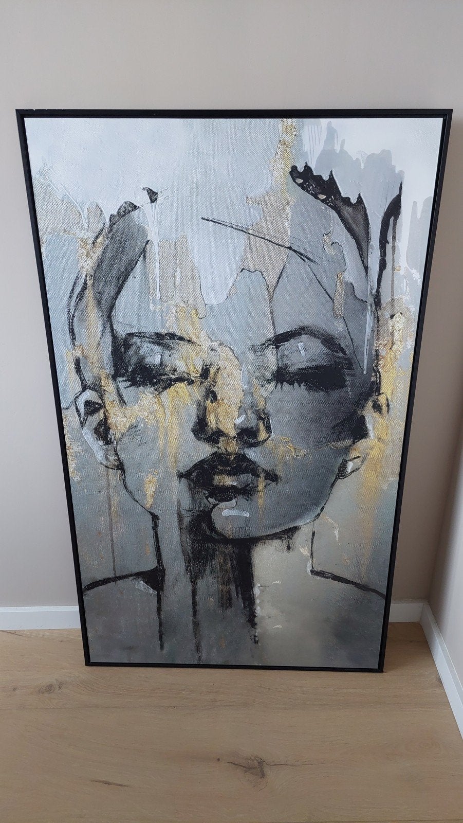 Grote MDF Print Vrouw Zwart-Grijs/Goud met Lijst 118x70cm, Ophalen, Overige typen, Zo goed als nieuw, 75 tot 100 cm