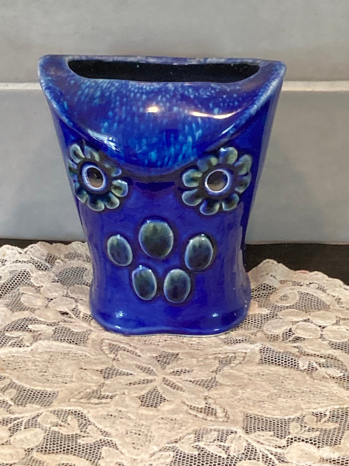 Waxinelichthouder uil, blauw keramiek (290626), Huis en Inrichting, Woonaccessoires | Vazen, Ophalen of Verzenden, Gebruikt, Blauw