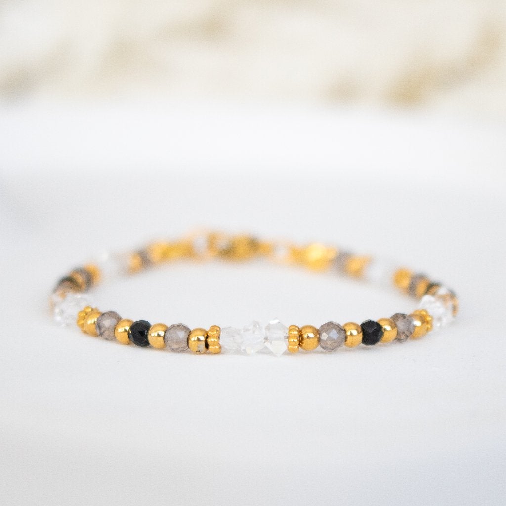 Armband met Herkimer diamant, rookkwarts & zwarte toermalijn, Met bedels of kralen, Staal, Nieuw, Ophalen of Verzenden