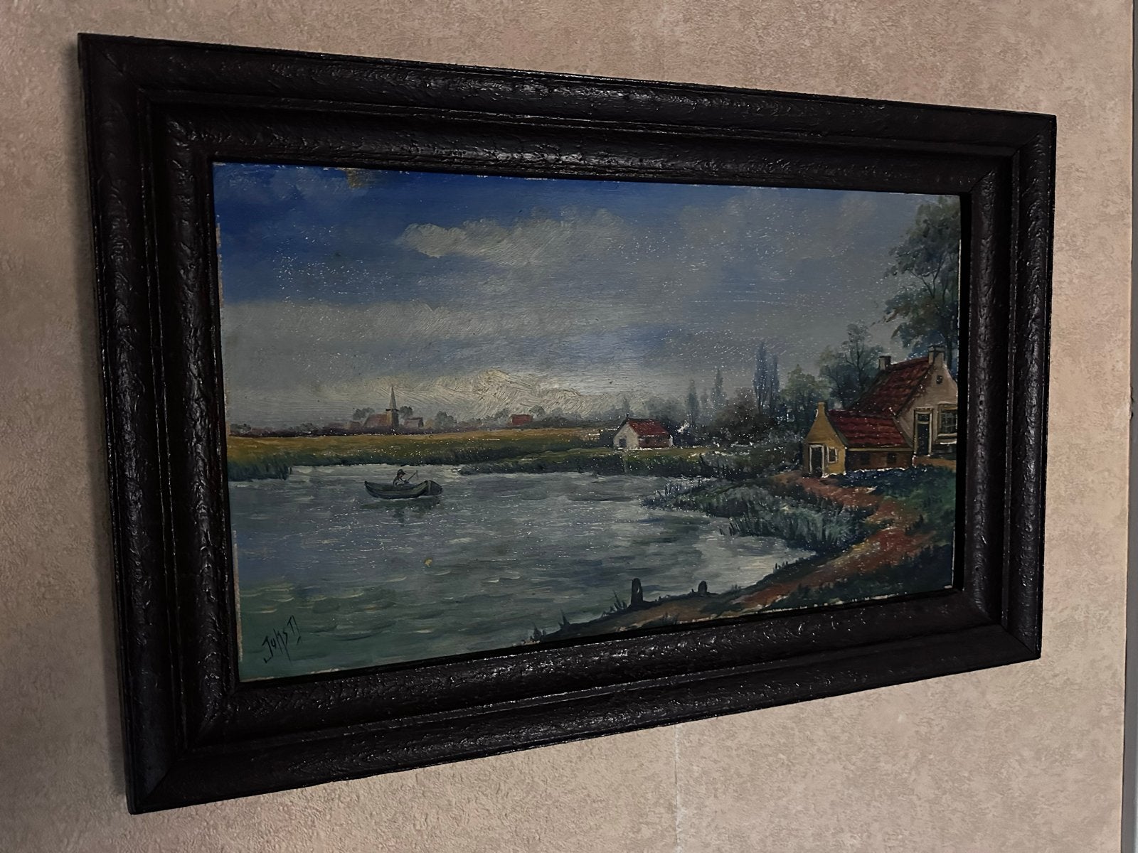 Oud Hollands Landschap Schilderij met Bootje en Dorp, Antiek en Kunst, Ophalen