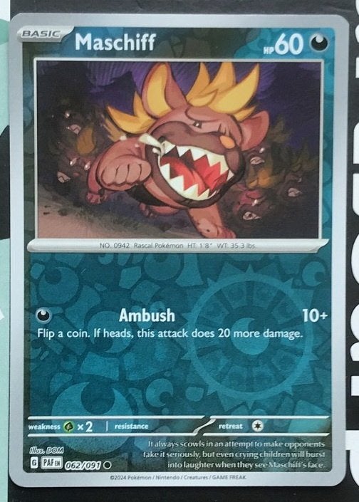 Pokemon - Maschiff (PAF 062) Reverse holo.., Ophalen of Verzenden, Nieuw, Losse kaart, Foil