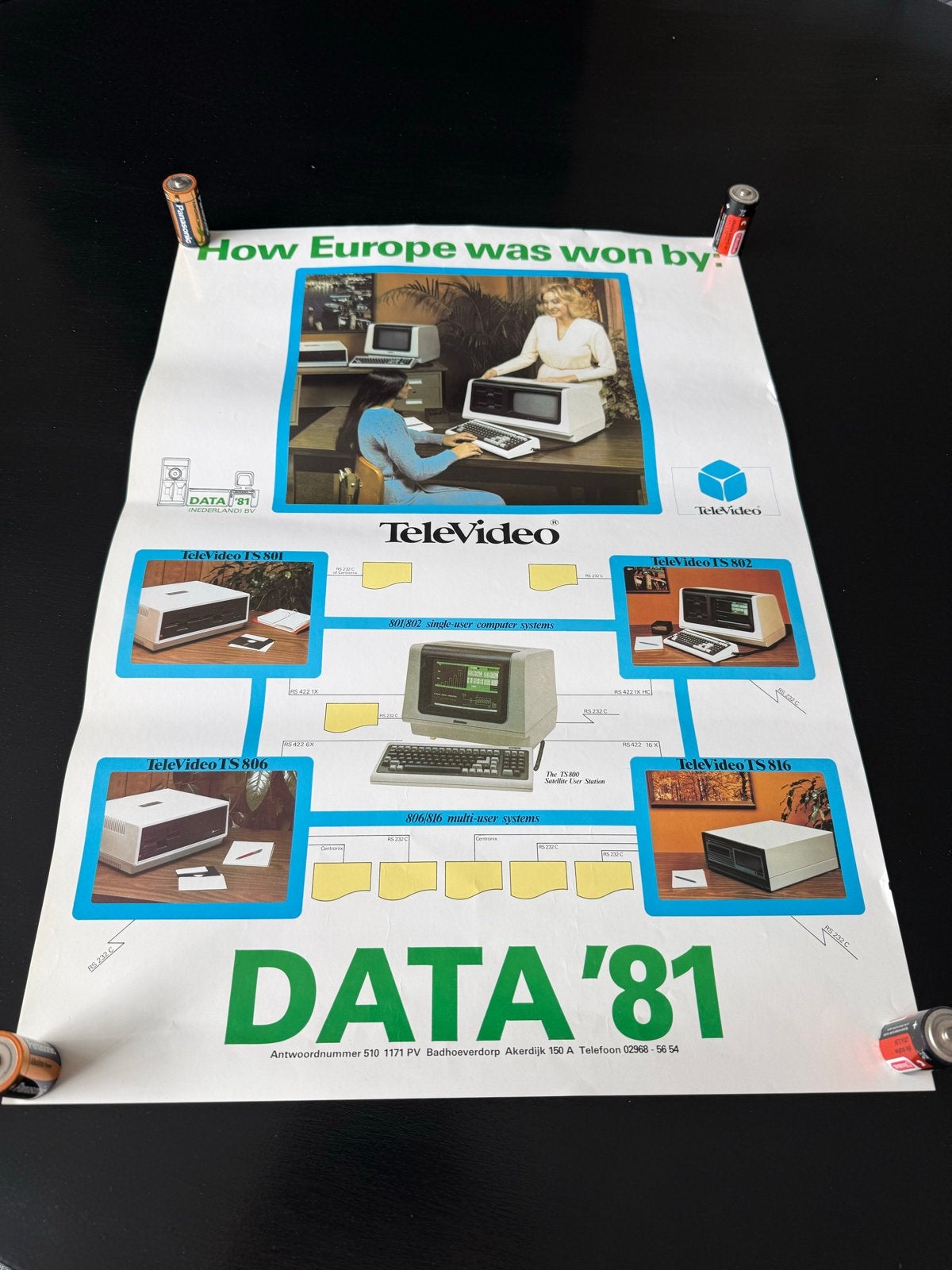 Vintage TeleVideo DATA '81 Poster - Retro Computer Reclame, Ophalen, A1 t/m A3, Reclame, Rechthoekig Staand