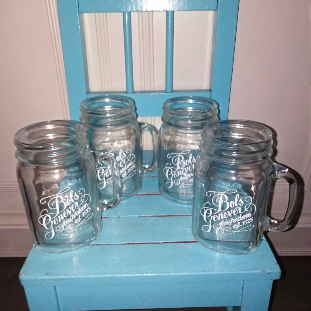 Bols Genever mason jar drinkglazen 4 stuks, Verzamelen, Ophalen, Zo goed als nieuw, Overige typen
