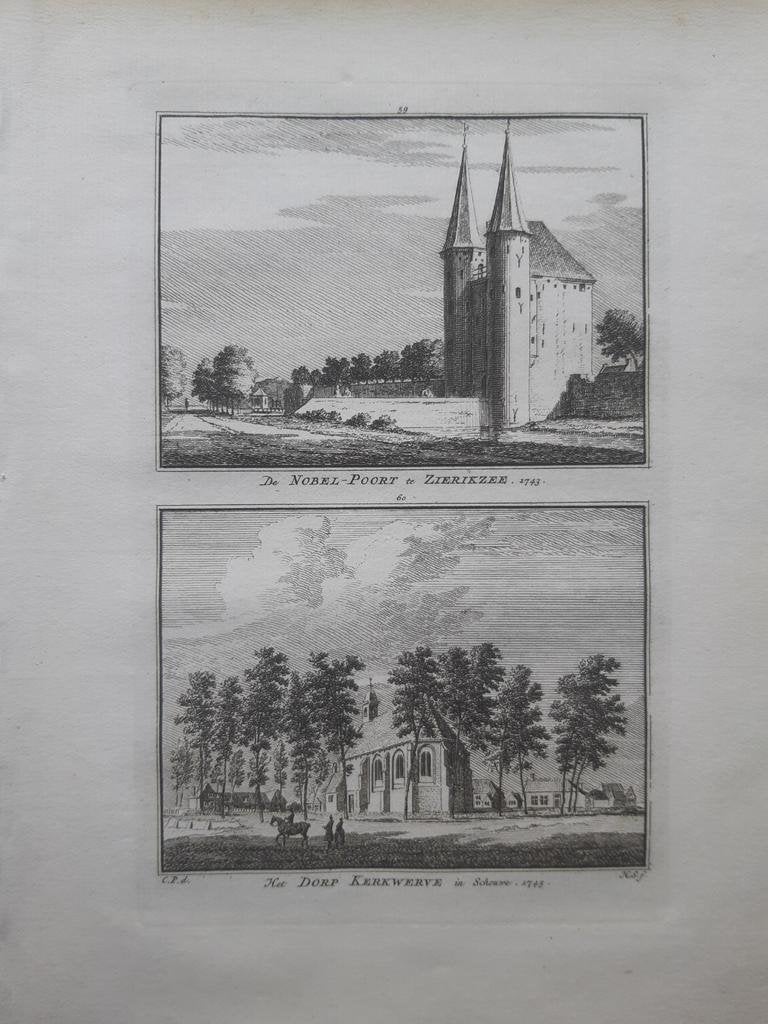 59-60*/ Nobelpoort Zierikzee en dorp Kerkwerve gravure 1754, Ophalen of Verzenden