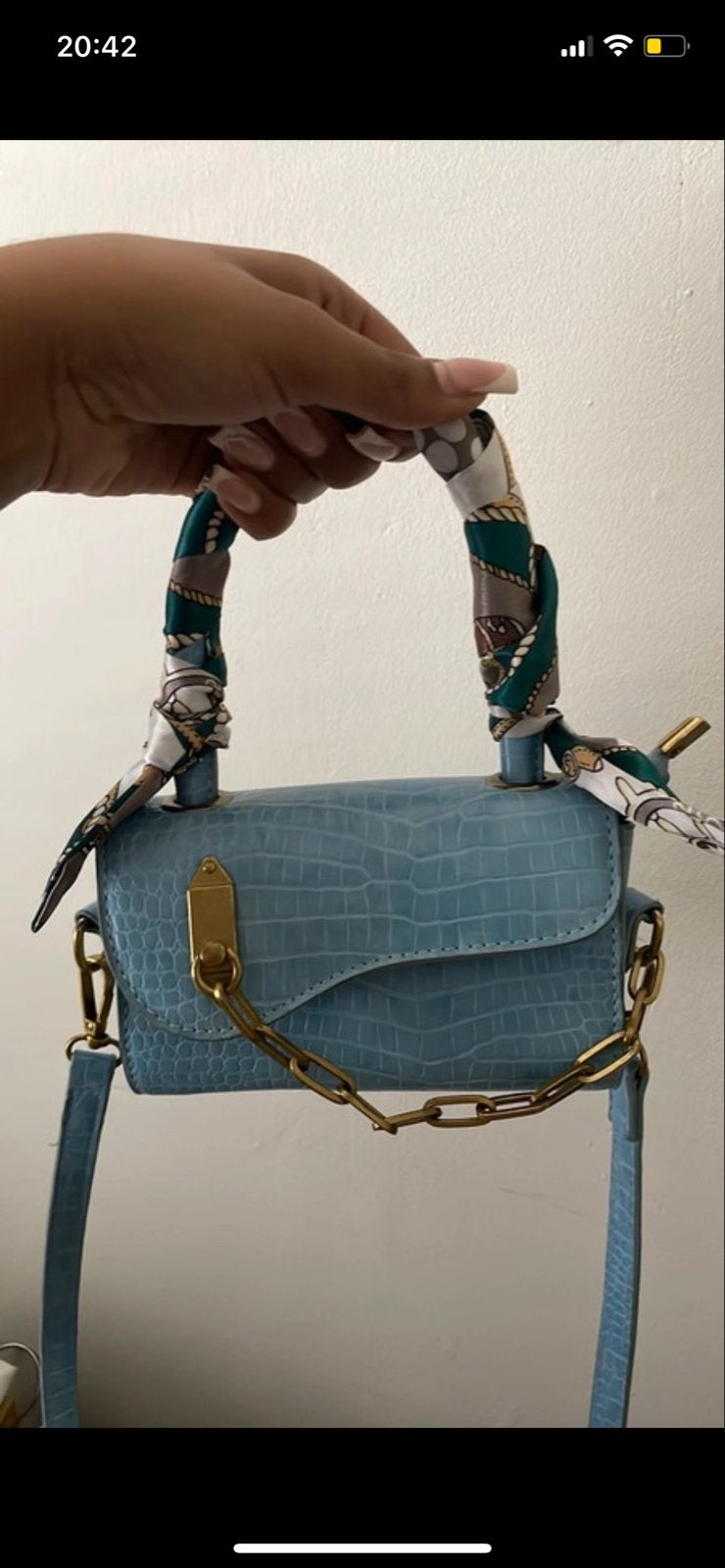 Uniek tasje met krokodillenleerlook, gouden ketting en sjaal, Sieraden, Tassen en Uiterlijk, Ophalen of Verzenden, Nieuw, Blauw
