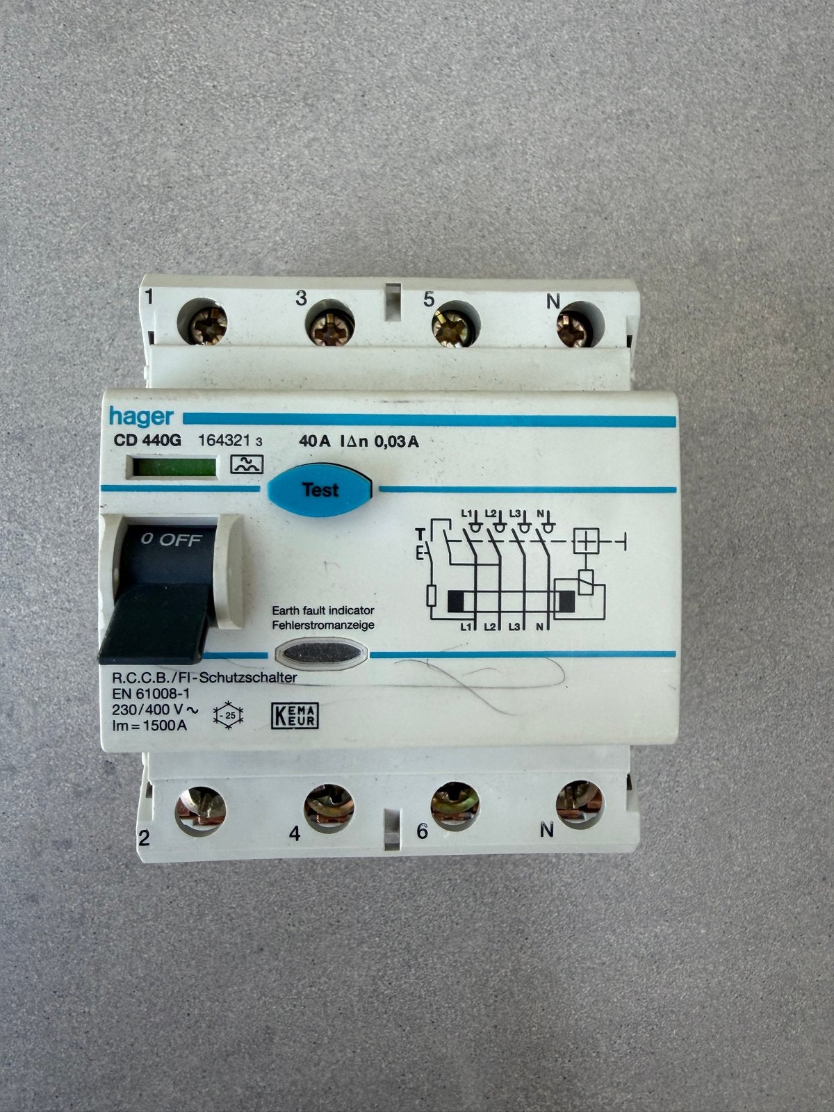 Hager CD 440G Aardlekschakelaar 40A 0.03A, Ophalen of Verzenden, Gebruikt, Schakelaar