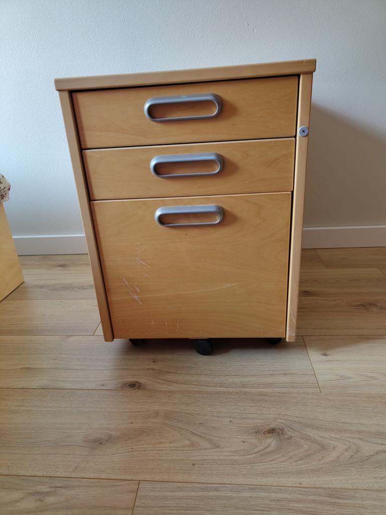 Houten ladeblok op wielen met 3 laden, Huis en Inrichting, Kasten | Ladekasten, Overige houtsoorten, Minder dan 50 cm, Gebruikt