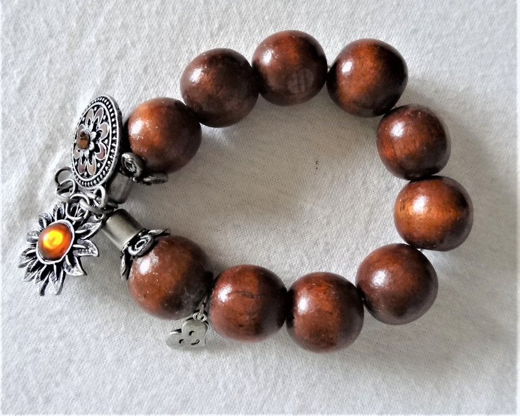 Nieuw: armband houten kralen + hanger strass emaille bruin, Bruin, Met bedels of kralen, Nieuw, Ophalen of Verzenden