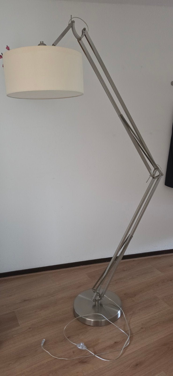 Grote staande lamp met verstelbare arm en stoffen kap, Ophalen, Gebruikt, Modern, Industrieel, 200 cm of meer