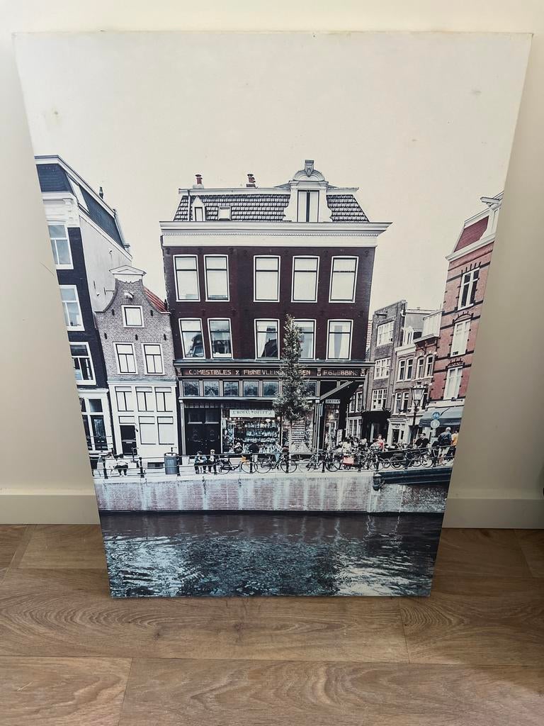 Schilderij Amsterdam Grachtenhuis Canvas, Huis en Inrichting, Woonaccessoires | Schilderijen, Tekeningen en Foto's, Ophalen of Verzenden