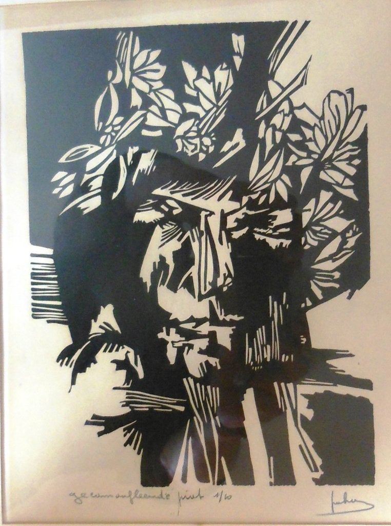 Onbekend " Houtsnede " Gecamoufleerd Prieel " Ges Gen Titel, Antiek en Kunst, Ophalen of Verzenden