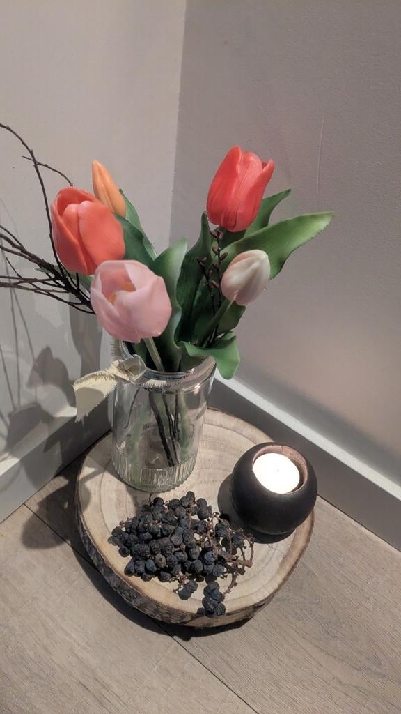 Prachtige decoratie set: tulpen, kaars en houten schijf, Ophalen of Verzenden, Wit, Glas, Landelijk