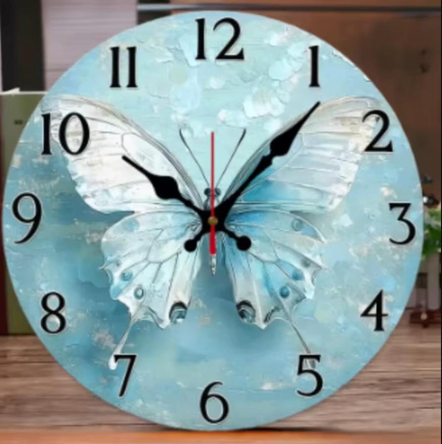 Ronde wandklok van hout Blauwe Vlinder (25cm)
