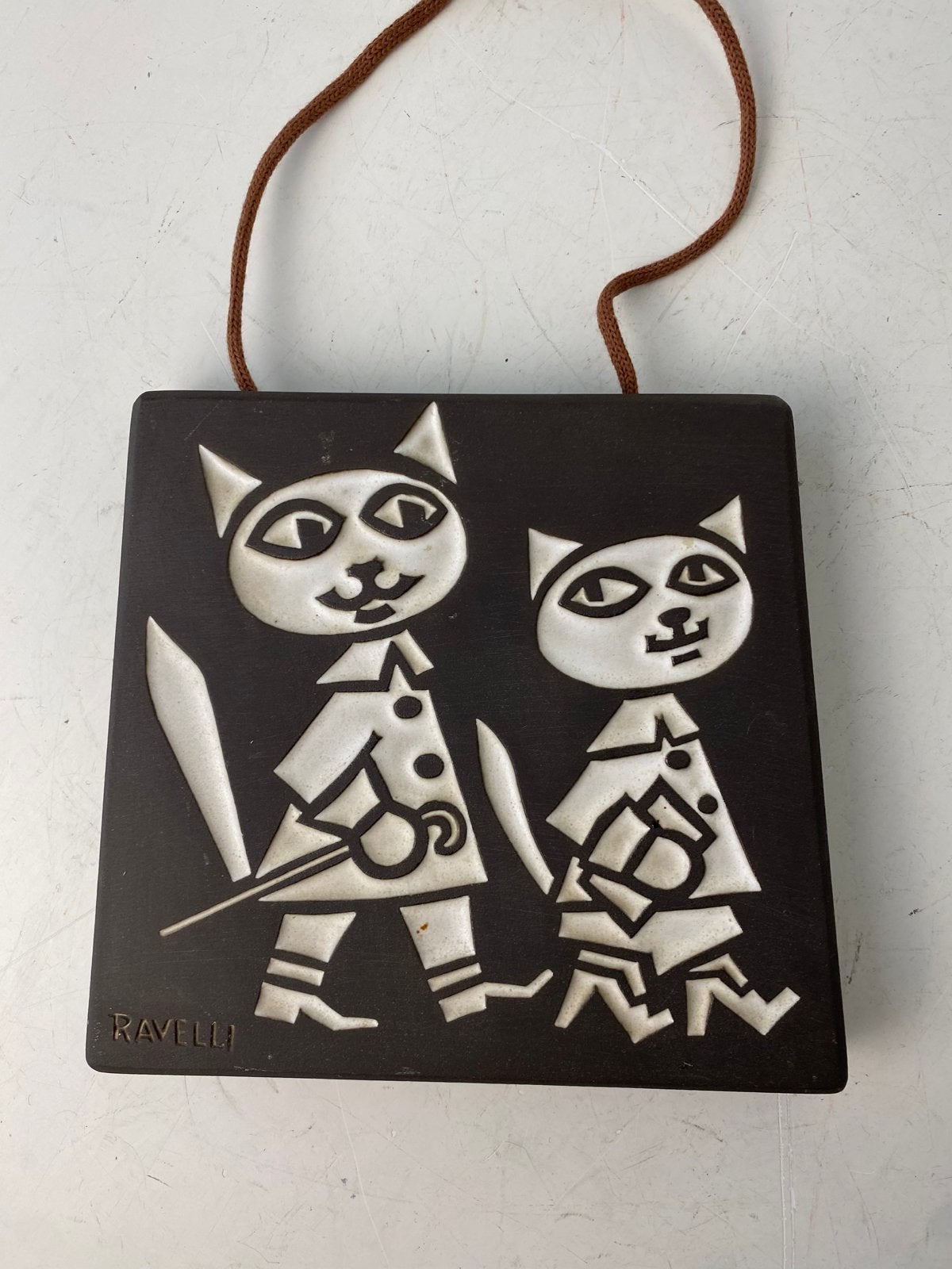Ravelli keramiek wanddecoratie met katten , jaren 70, Gebruikt, 17 cm, 16 cm, Steen/keramiek