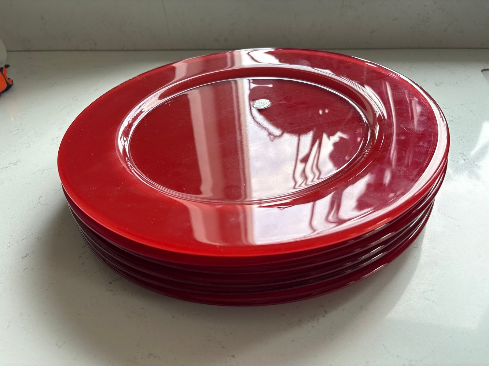 6 glazen rode onderborden van Love, gekocht bij de Bijenkorf, Ophalen, Gebruikt, Overige merken, Vintage