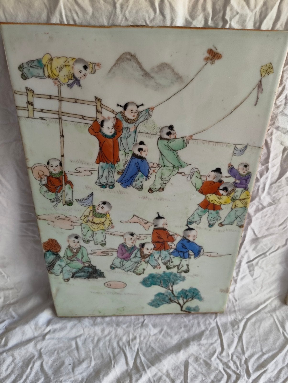 4 Antieke Chinese porseleinen tegels met kinderdecor, Antiek en Kunst, Ophalen of Verzenden