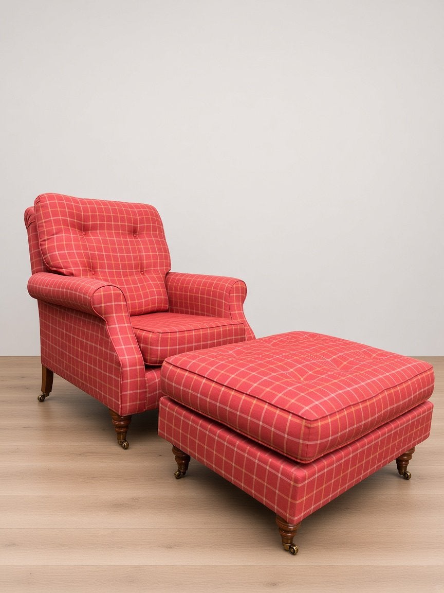 Howard-stijl fauteuil + hocker rode ruitstof – complete set, Ophalen, Zo goed als nieuw, 75 tot 100 cm, Stof
