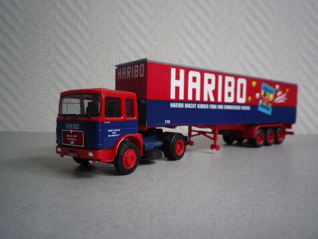 Herpa MAN F8 Trailer Haribo, Hobby en Vrije tijd, Ophalen of Verzenden, Zo goed als nieuw, Bus of Vrachtwagen, Herpa