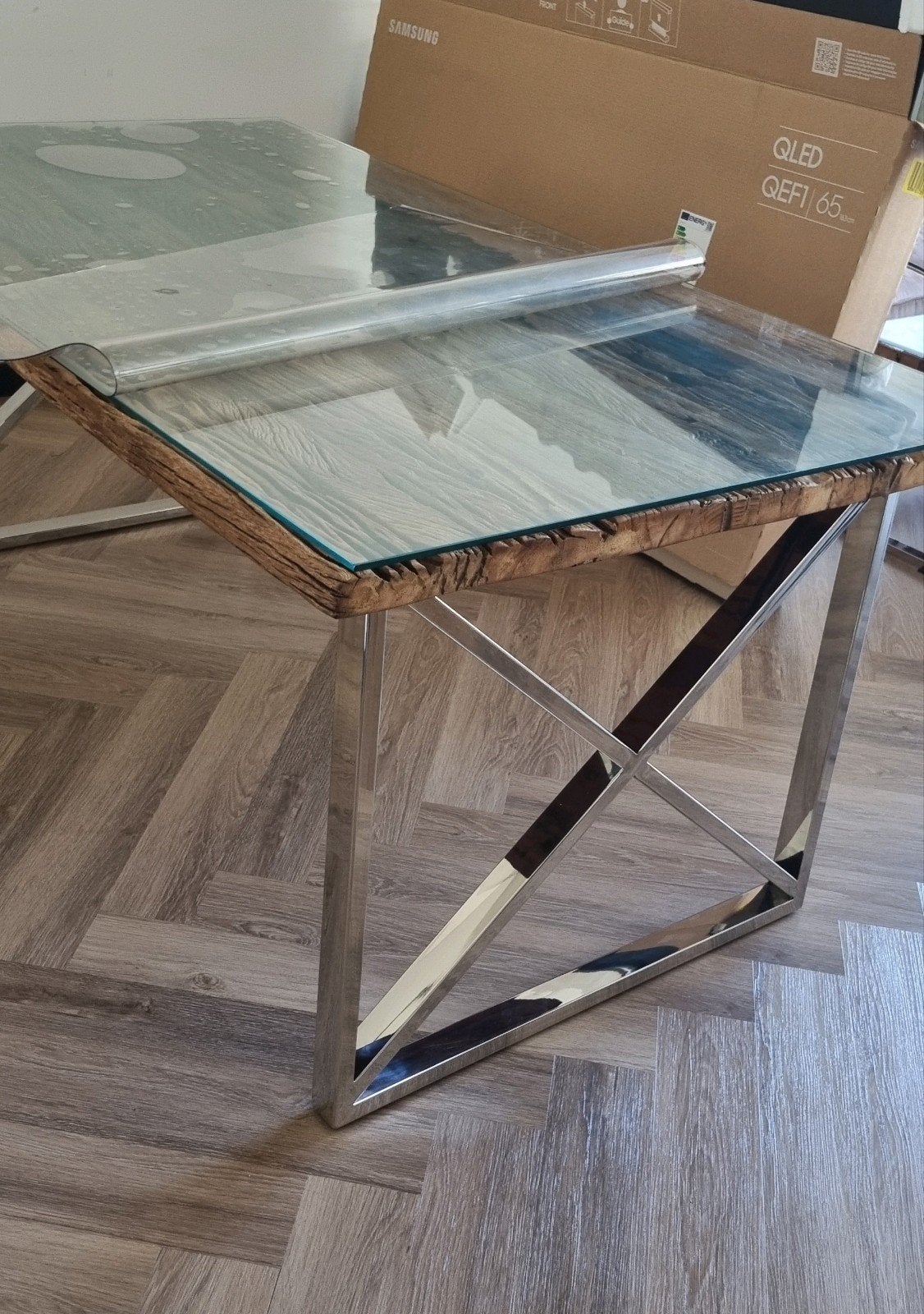 Luxe stevige eettafel + salontafel | Hout, glas & RVS |, Ophalen, Gebruikt, 50 tot 100 cm, 150 tot 200 cm