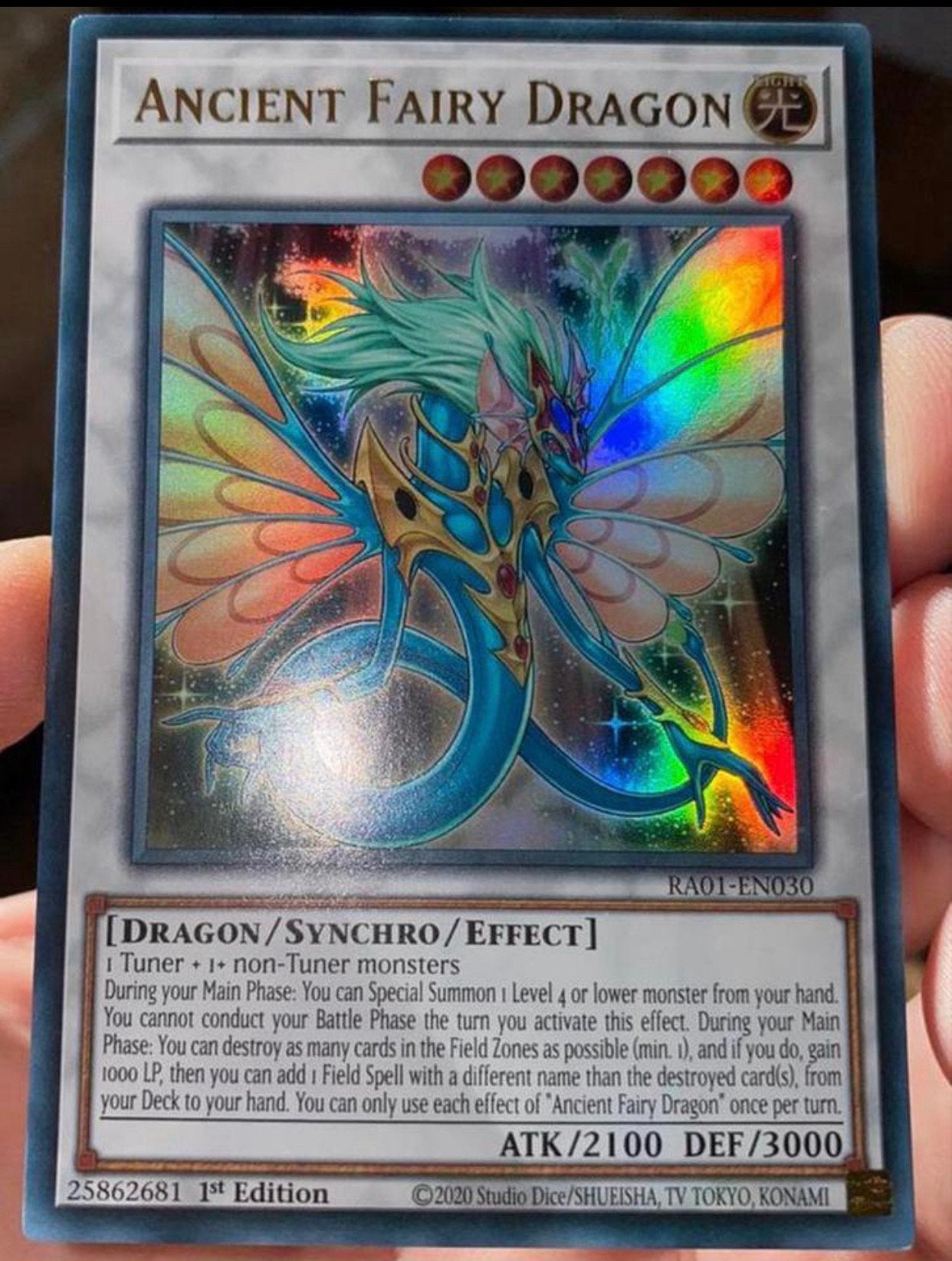 Yu-Gi-Oh! Ancient Fairy Dragon RA01 1st Edition !, Ophalen of Verzenden, Zo goed als nieuw, Losse kaart, Foil