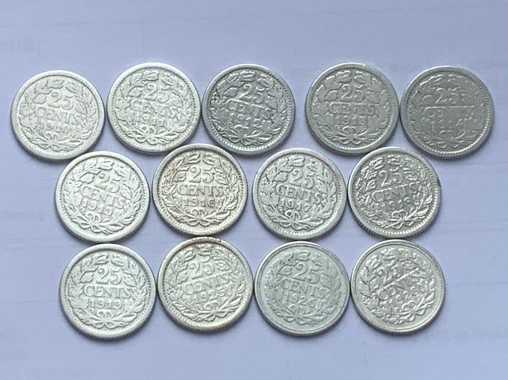 Serie zilveren Wilhelmina kwartjes 1910-1928, Ophalen of Verzenden, Koningin Wilhelmina, 25 cent