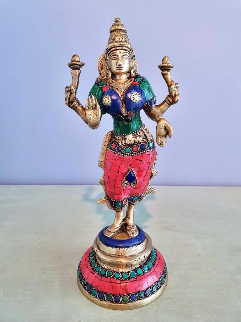 LAKSHMI BEELD BRONS STONEWORK ART 26 CM, Ophalen of Verzenden, Nieuw, Religie