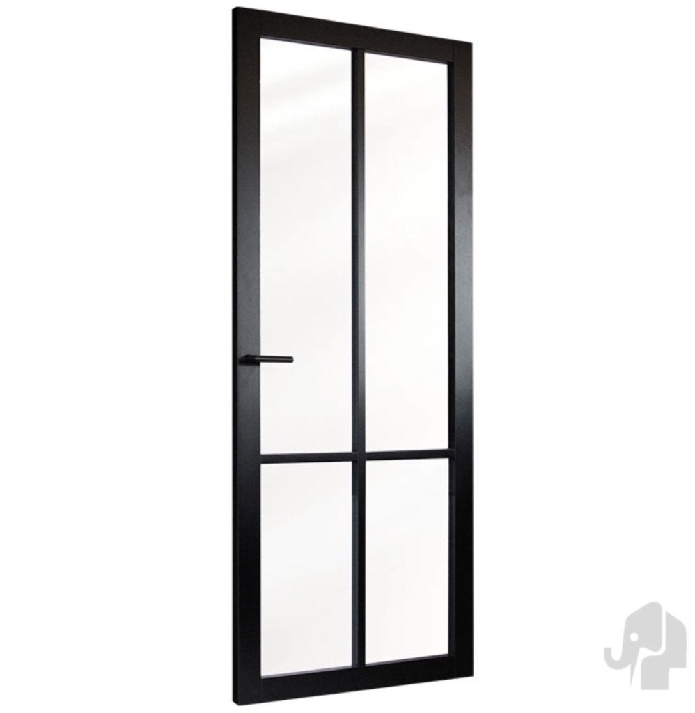 Zwarte houten binnendeur steellook voorgelakt met blankglas, Niet ingevuld, 80 tot 100 cm, Binnendeur, Niet ingevuld