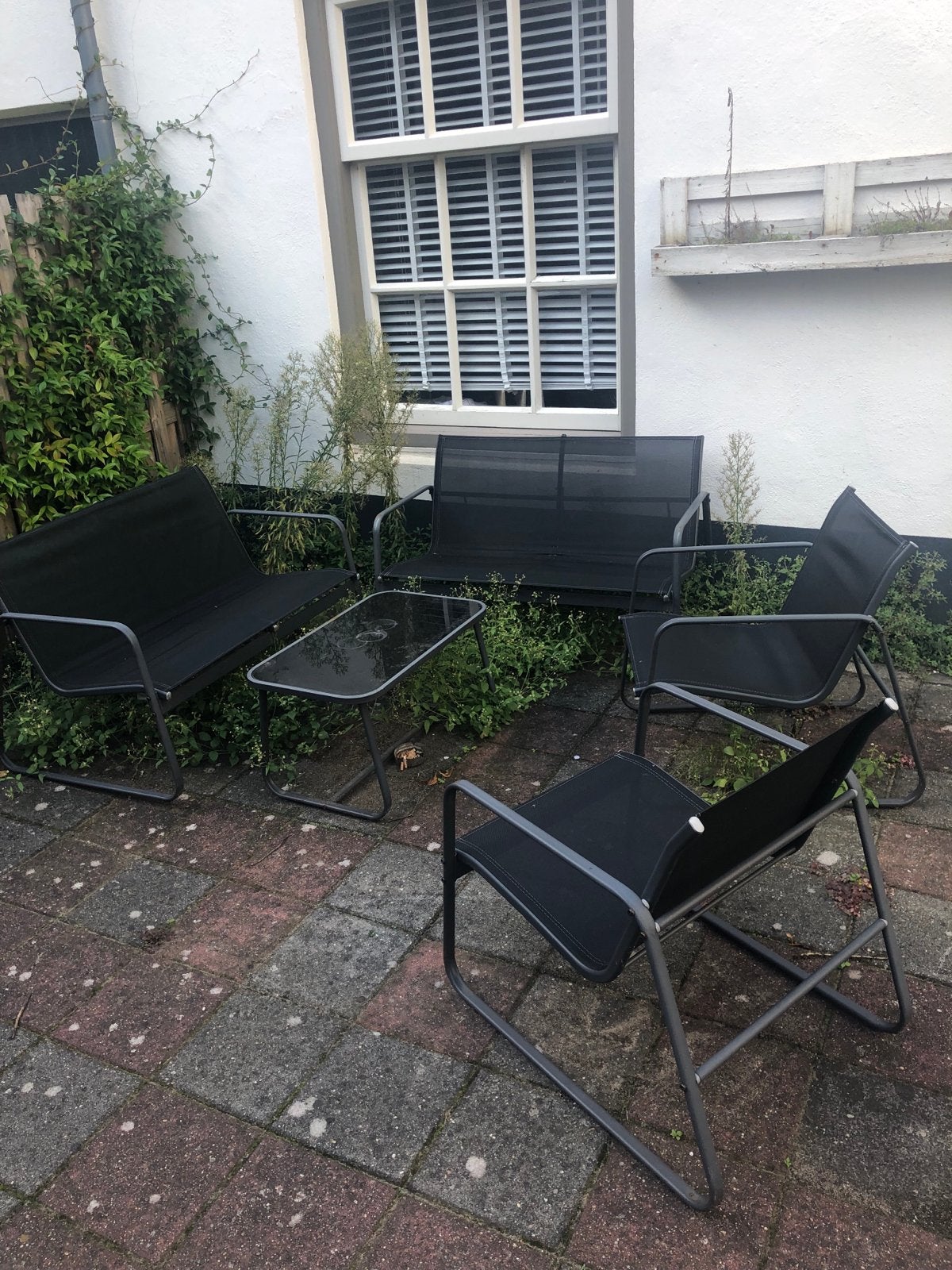 Complete tuinset: 2 bankjes, 4 stoelen en tafel, Tuin en Terras, Ophalen, Gebruikt, Meer dan 8 zitplaatsen, Bank