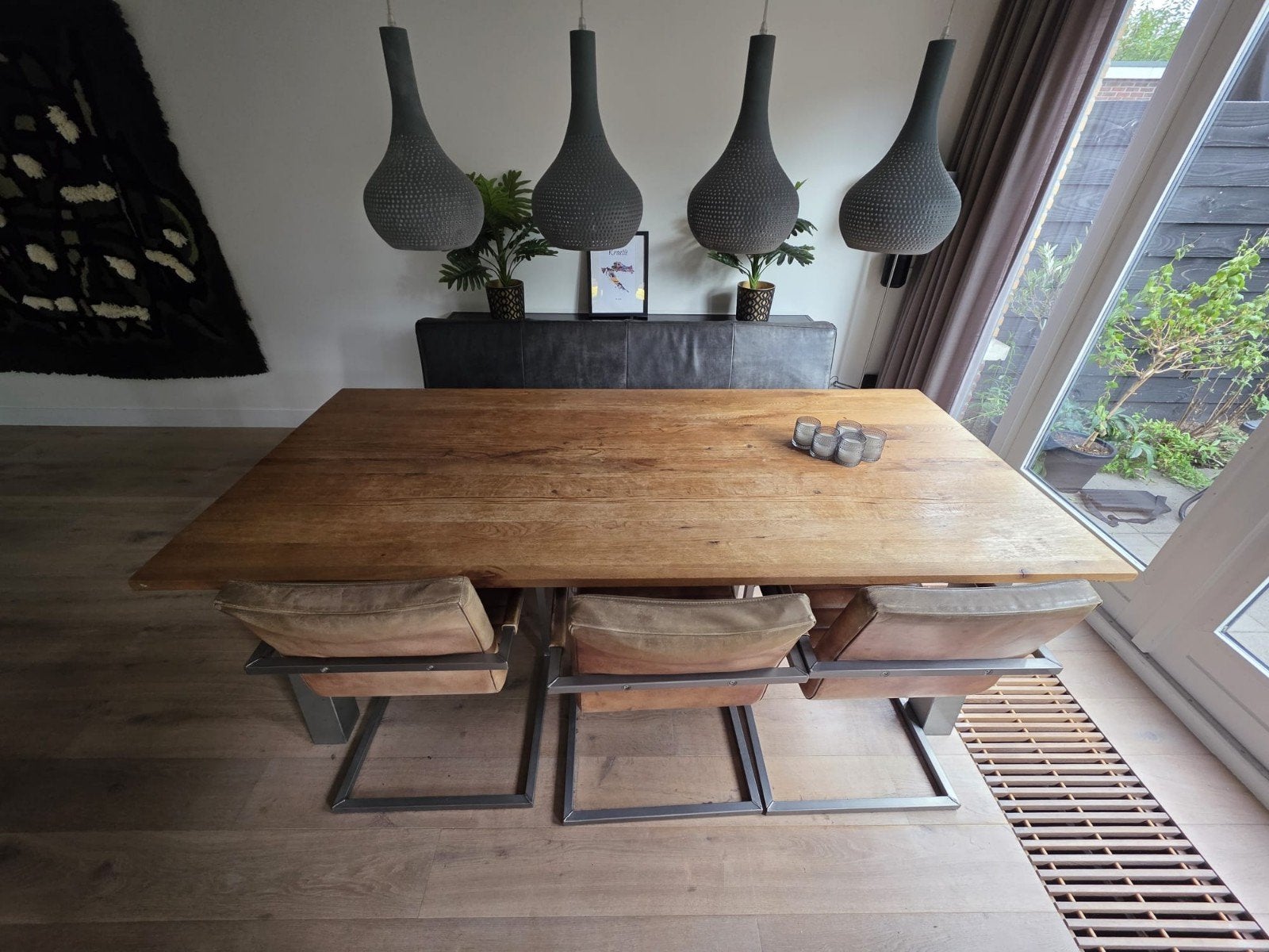 eetkamer tafel met bank en stoelen, Ophalen, Gebruikt, Eikenhout, 200 cm of meer