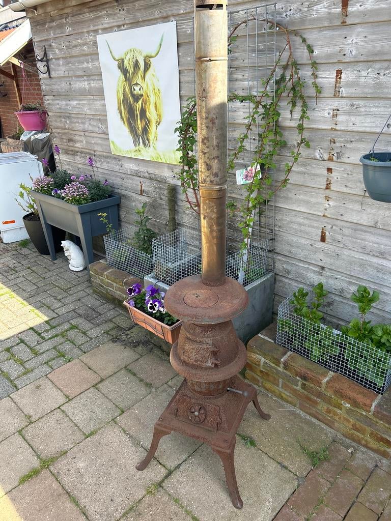 Terraskachel/potkachel patina roest met kachelzwart, Huis en Inrichting, Kachels, Gebruikt, Vrijstaand, Potkachel, Hout, Ophalen