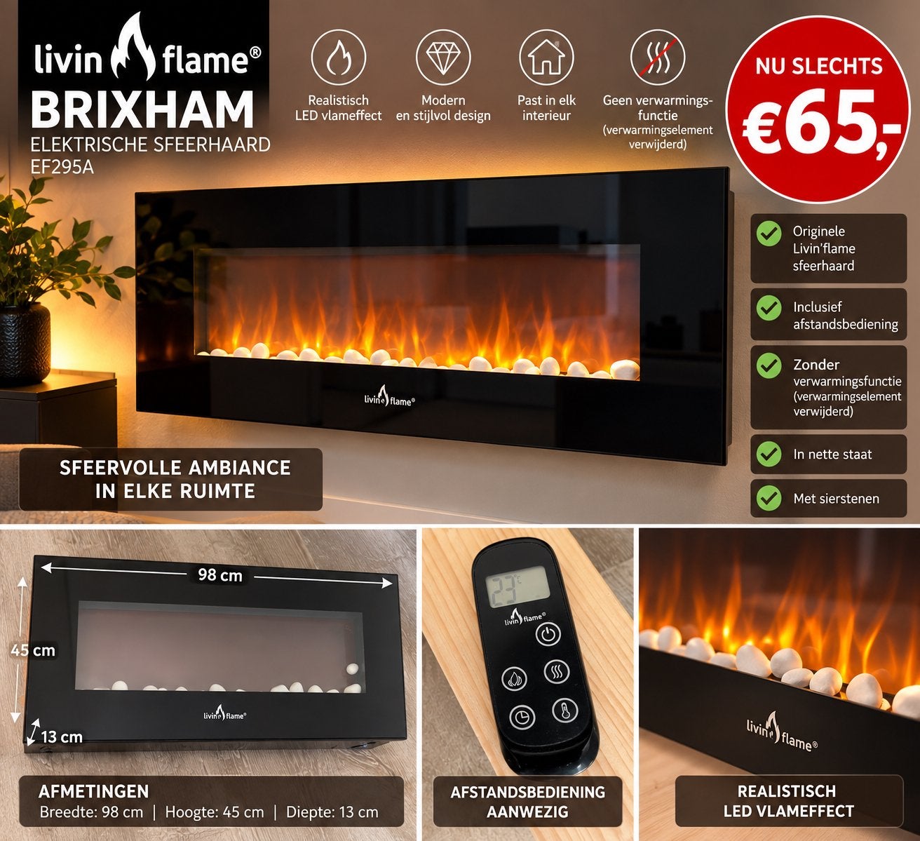 Livin'flame Brixham EF295A Elektrische Sfeerhaard, Ophalen of Verzenden, Zo goed als nieuw, Hangende haard, Elektrische haard
