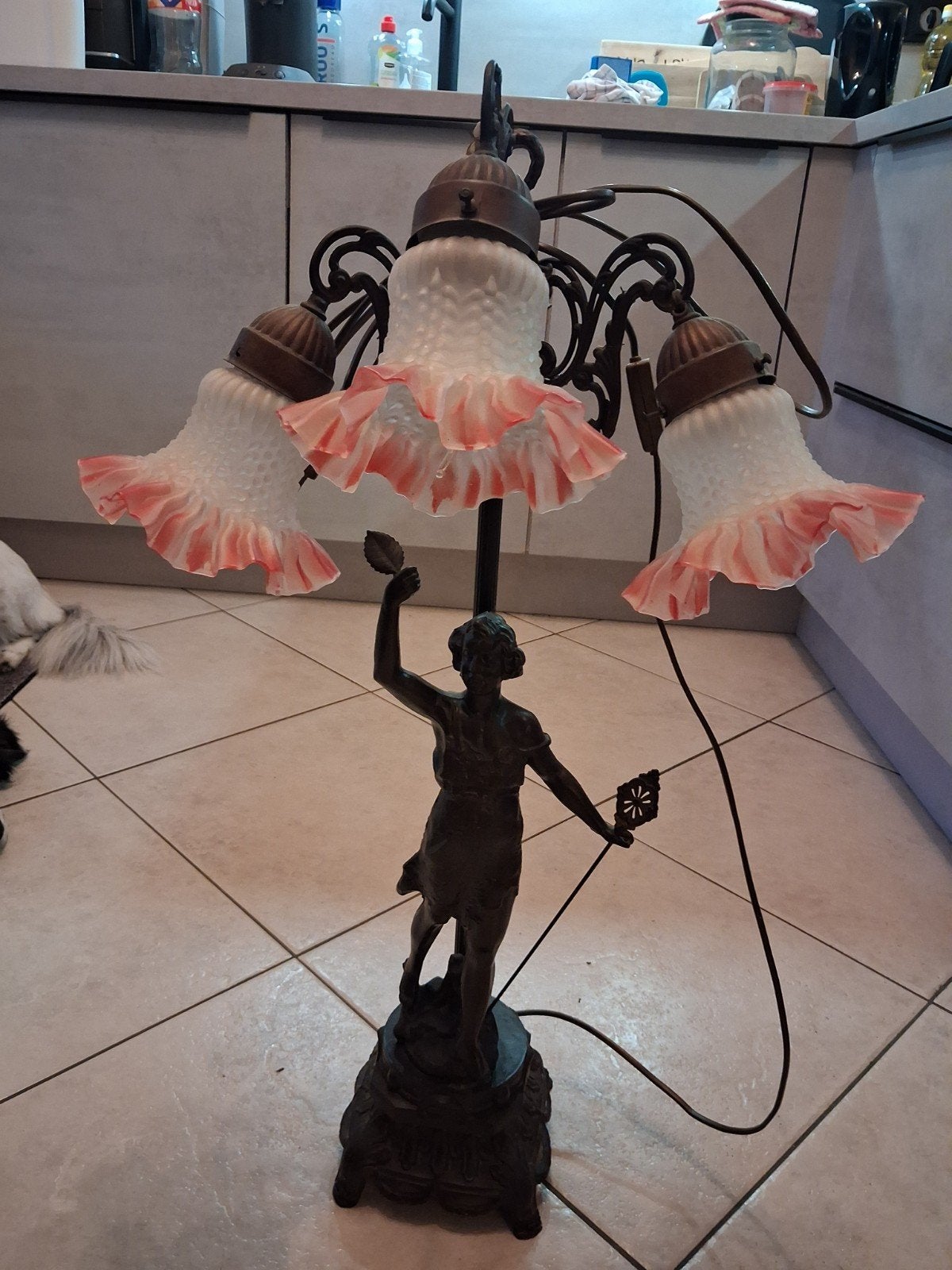 Bronzen lamp met 3 kappen, 80 cm hoog, Ophalen of Verzenden