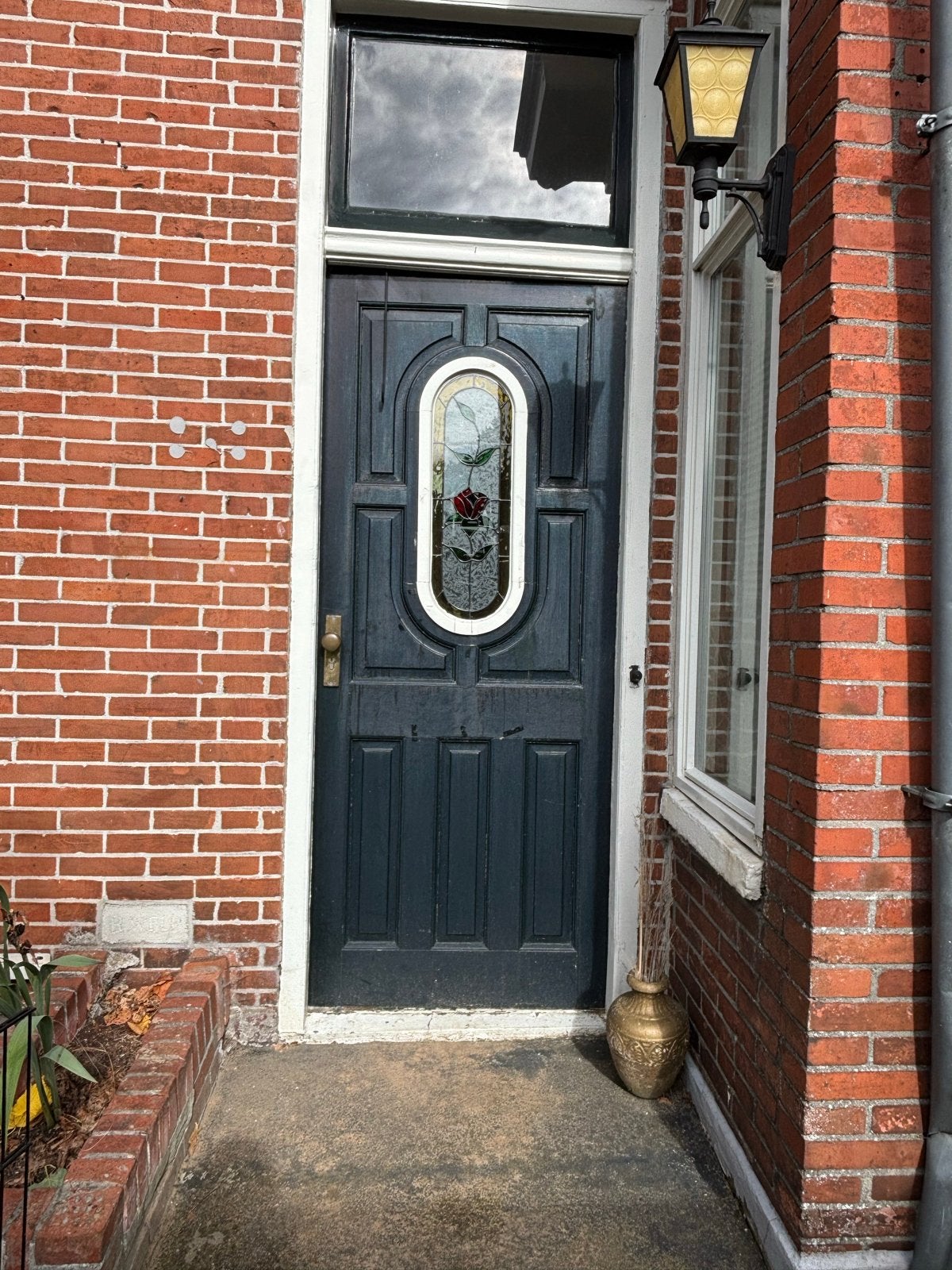 Hardhouten deur met glas-in-lood, af te halen, Doe-het-zelf en Verbouw, Ophalen, Gebruikt, 80 tot 100 cm, Buitendeur