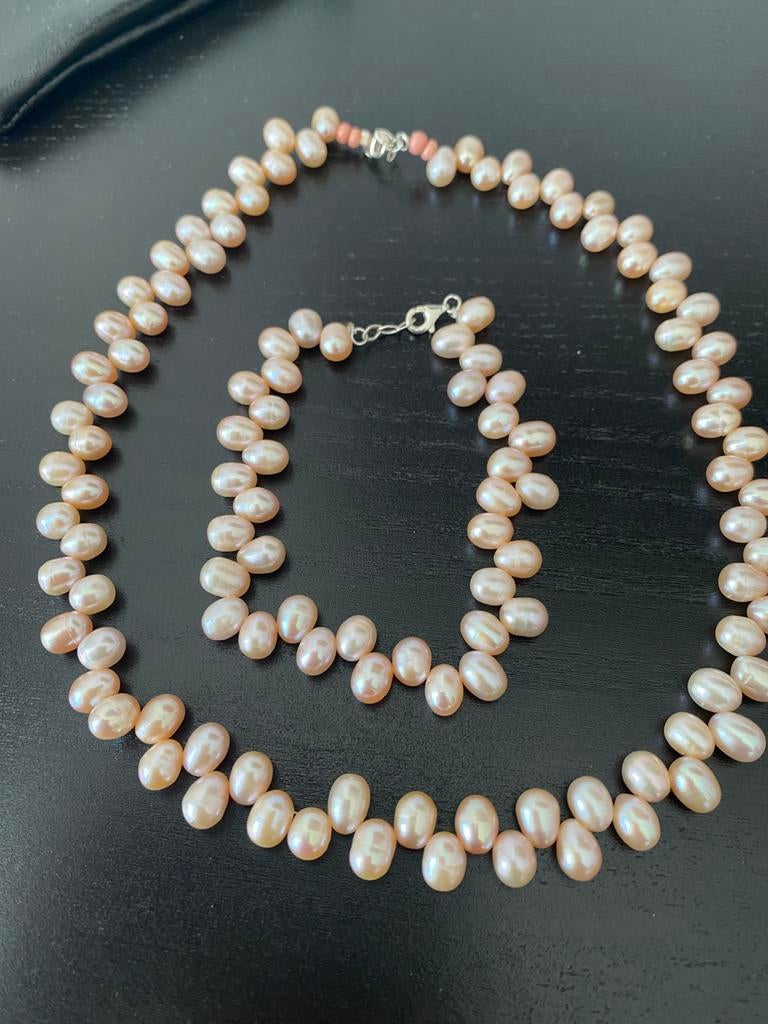 Zoetwater parelset Collier & armband -925 zilveren slotjes, Ophalen of Verzenden, Zo goed als nieuw, Zilver