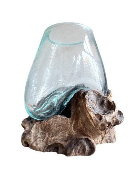 Glas op teak – 1 bowl ca. Ø15 cm – Hout - Glas, Ophalen of Verzenden, Nieuw, Meerkleurig, Glas