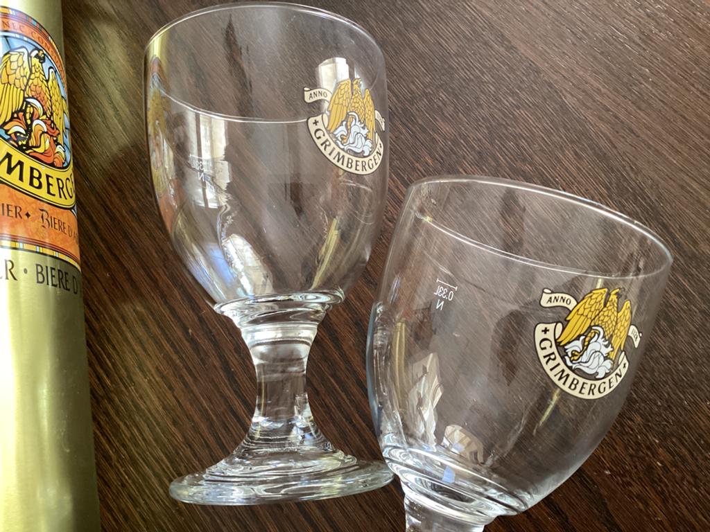 2x Grimbergen abdijbier bierglas + blik / Heineken bierglas, Ophalen, Zo goed als nieuw, Glas of Glazen, Heineken