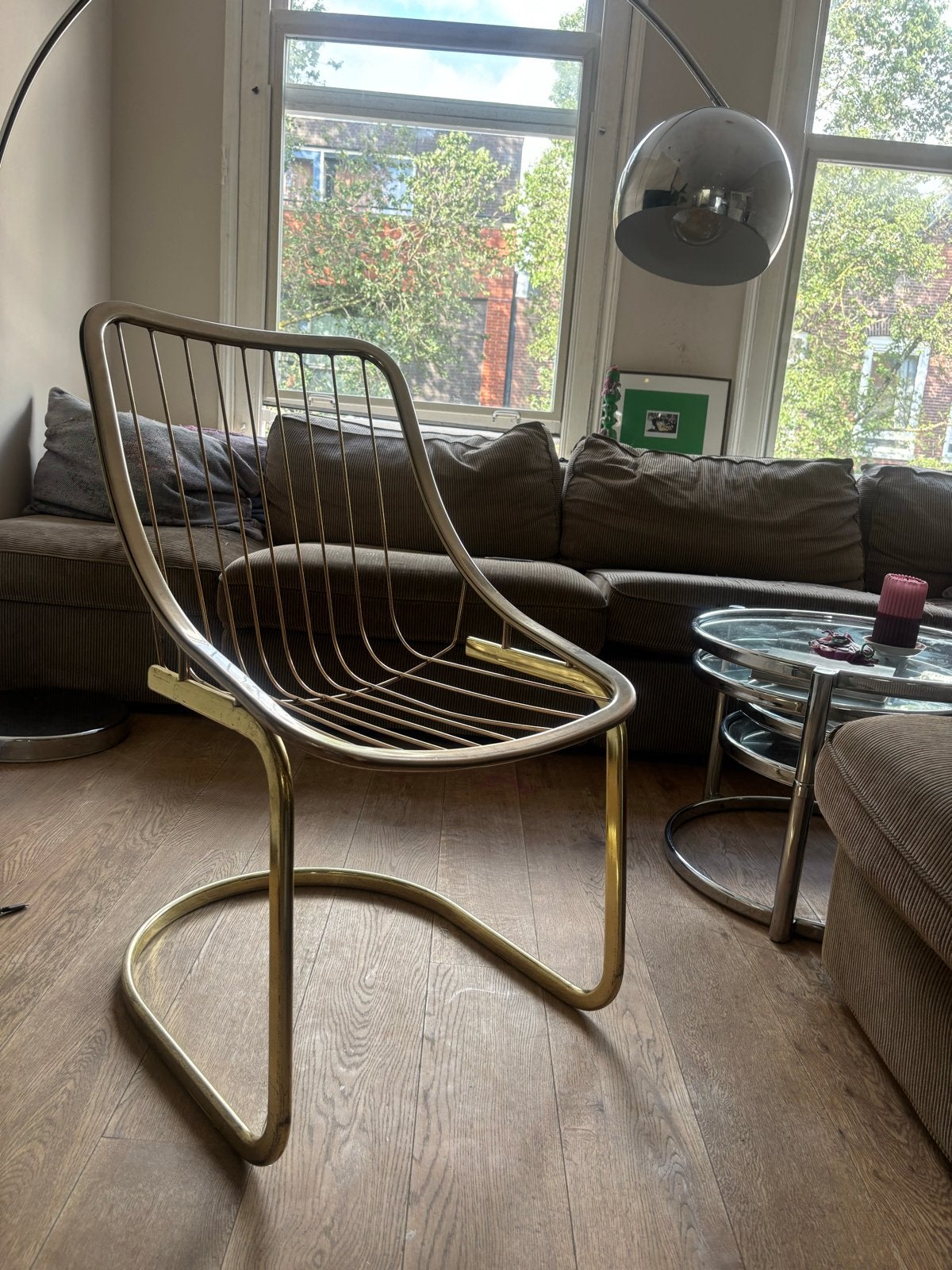4 Vintage gouden gastone rinaldi stijl stoelen + tafel, Overige kleuren, Ophalen of Verzenden, Zo goed als nieuw, Metaal