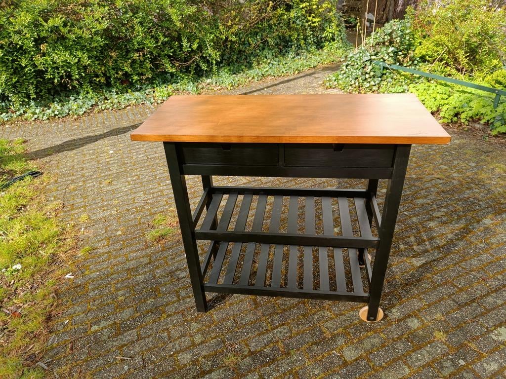 Zwarte Förhöja keukentrolley te koop! Berkenhout roltafel., Ophalen, Gebruikt, 100 tot 150 cm, Zwart