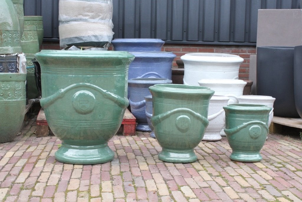 Prachtige geglazuurde bloempotten Anduze stijl groen Celadon, Ophalen, 40 cm of meer, Rond, Nieuw