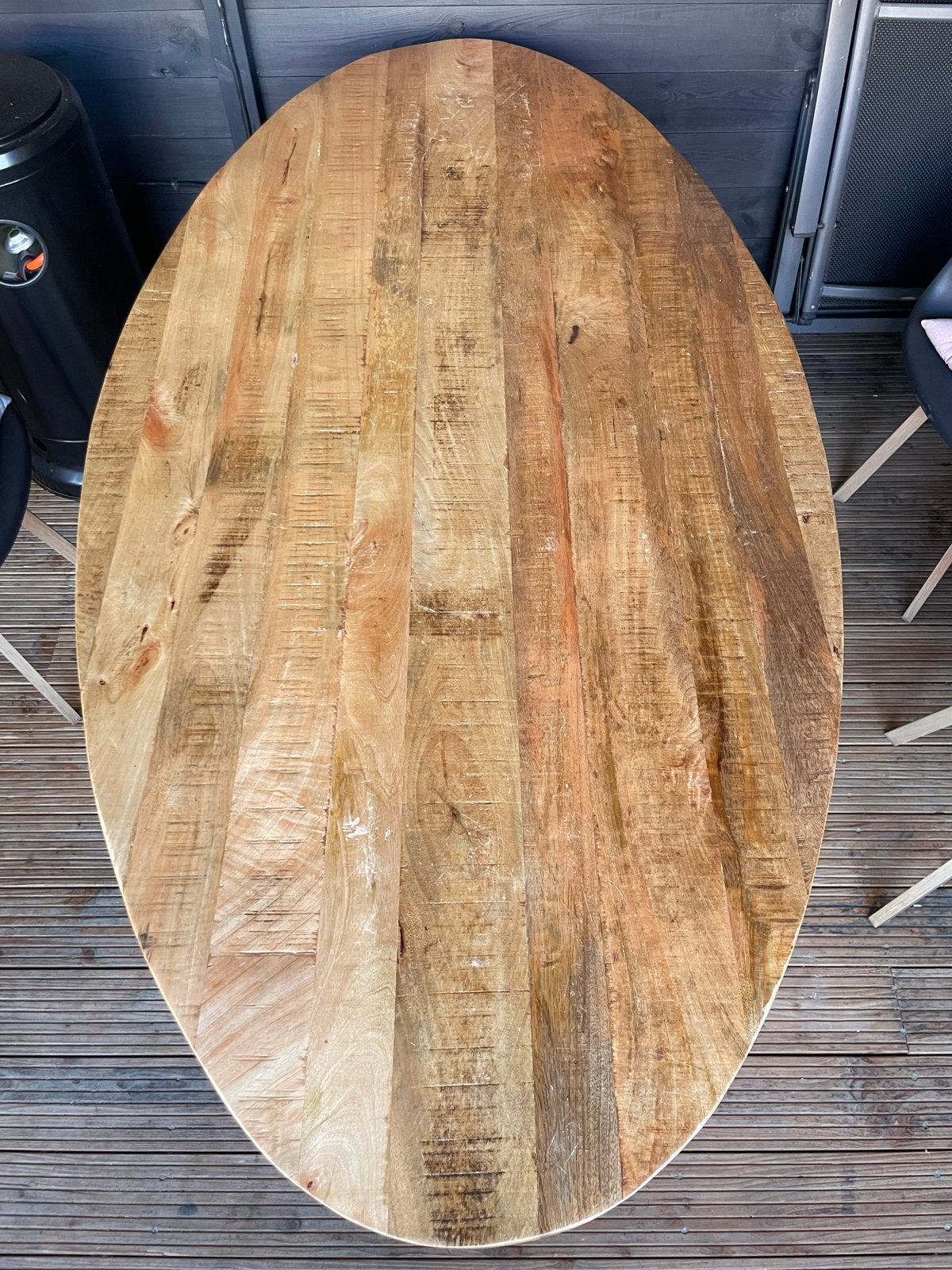 Ovale eettafel van mangohout met zwart metalen onderstel, Huis en Inrichting, Tafels | Eettafels, Ophalen, 100 tot 150 cm, 200 cm of meer