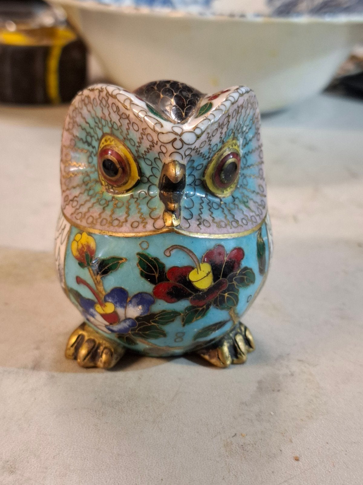 Antieke Cloisonné Uil Figuur - Handgemaakt Emaille Kunstwerk, Ophalen of Verzenden