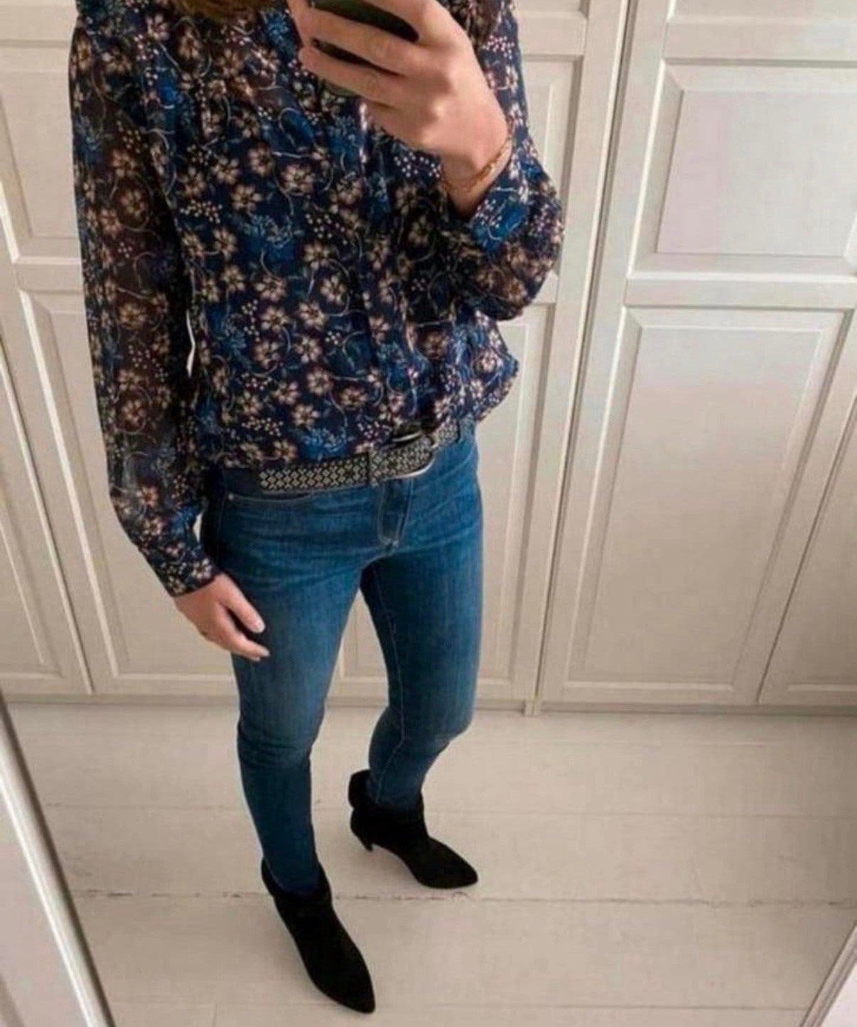 Suncoo donkerblauwe voile bloemetjes blouse met zilverdraad, Ophalen of Verzenden, Zo goed als nieuw, Maat 38/40 (M), Blauw