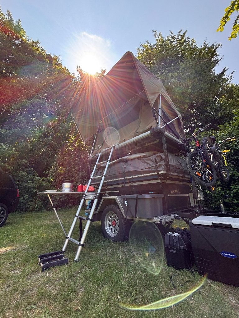 Offroad daktent trailer M416 met Jimba Jimba + Karsten 350, Caravans en Kamperen, Vouwwagens, Overige kleuren, Aanwezig, Tot en met 6