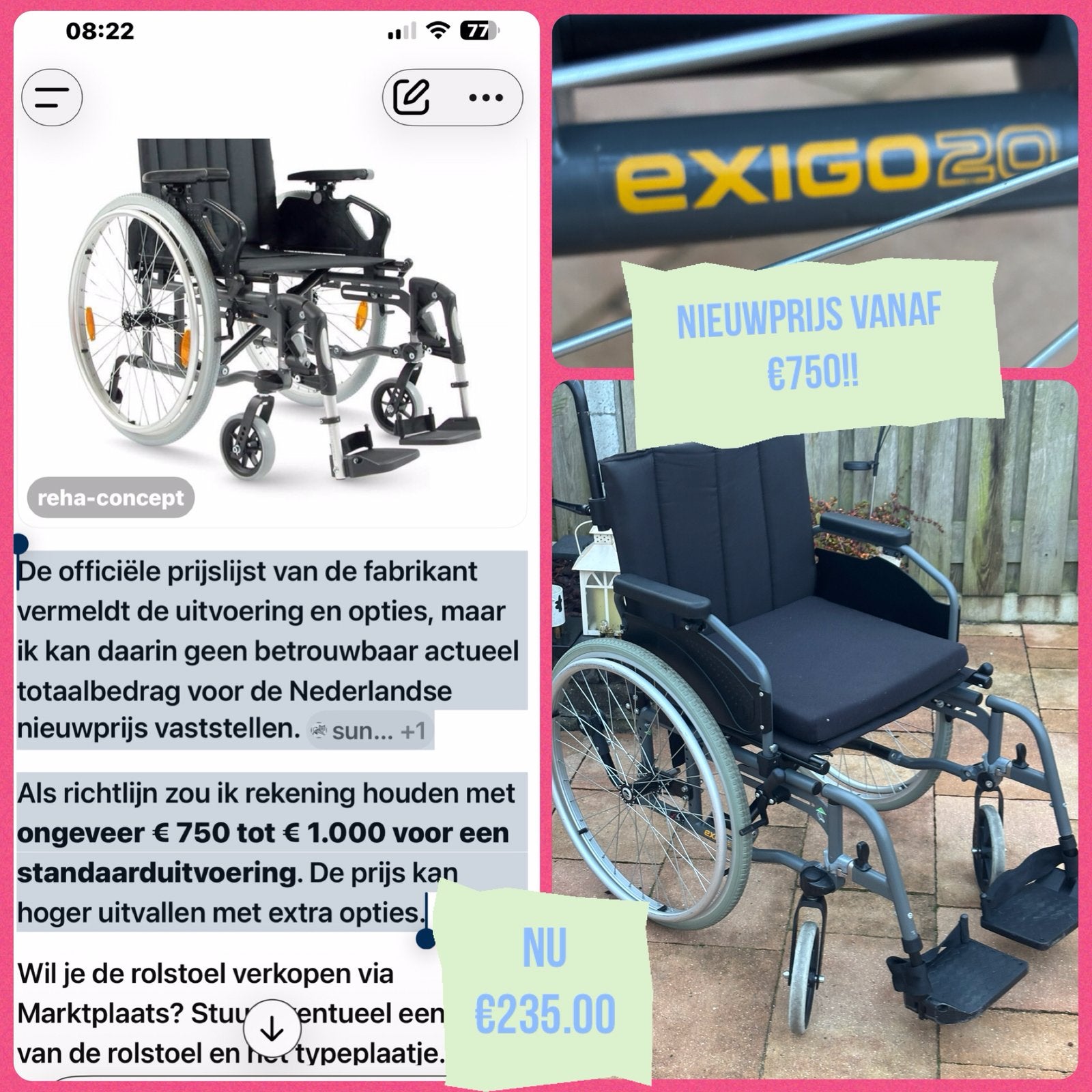 Rolstoel Exigo nieuwprijs vanaf €750 nu paar x gebruikt, Meer info ☎️0️⃣6️⃣➖2️⃣0️⃣9️⃣0️⃣1️⃣0️⃣4️⃣0️⃣, Ophalen of Verzenden, Zo goed als nieuw