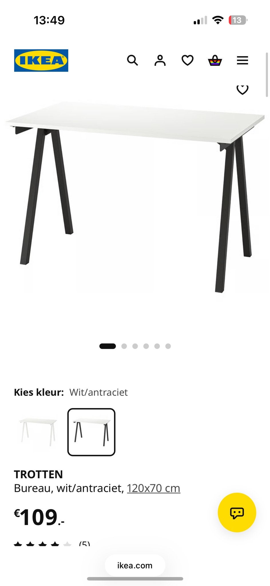 IKEA TROTTEN Bureau Wit/Antraciet 120x70 cm, Ophalen, Spaanplaat of MDF, Zo goed als nieuw, IKEA