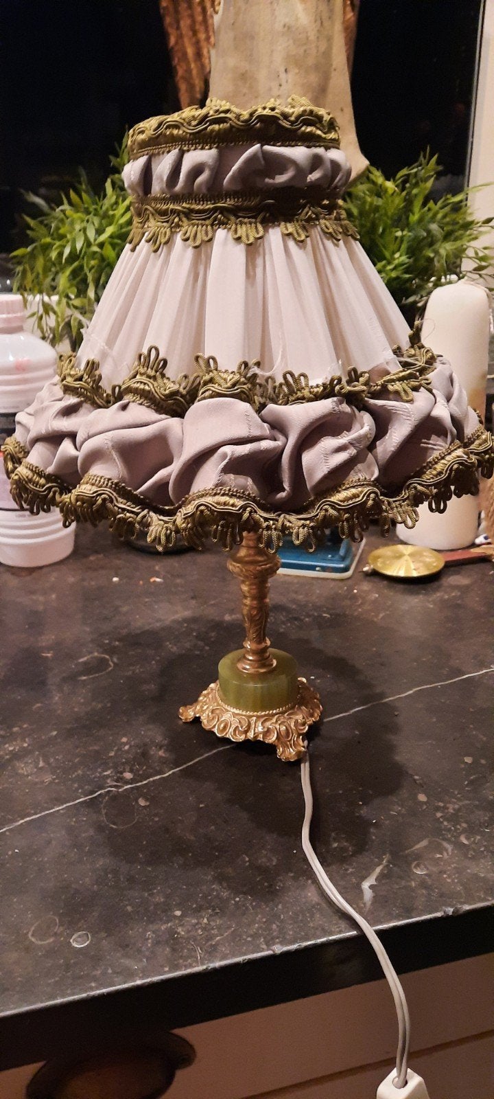 Vintage Tafellamp met messing met onyx Voet en Plissé Kap, Ophalen of Verzenden