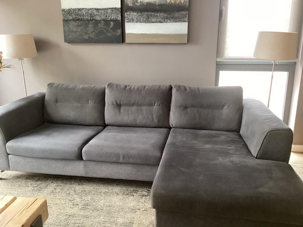 Antraciet stoffen bank met chaise longue - 3 zitplaatsen, Huis en Inrichting, Banken | Complete zithoeken, Gebruikt, Stof, Ophalen