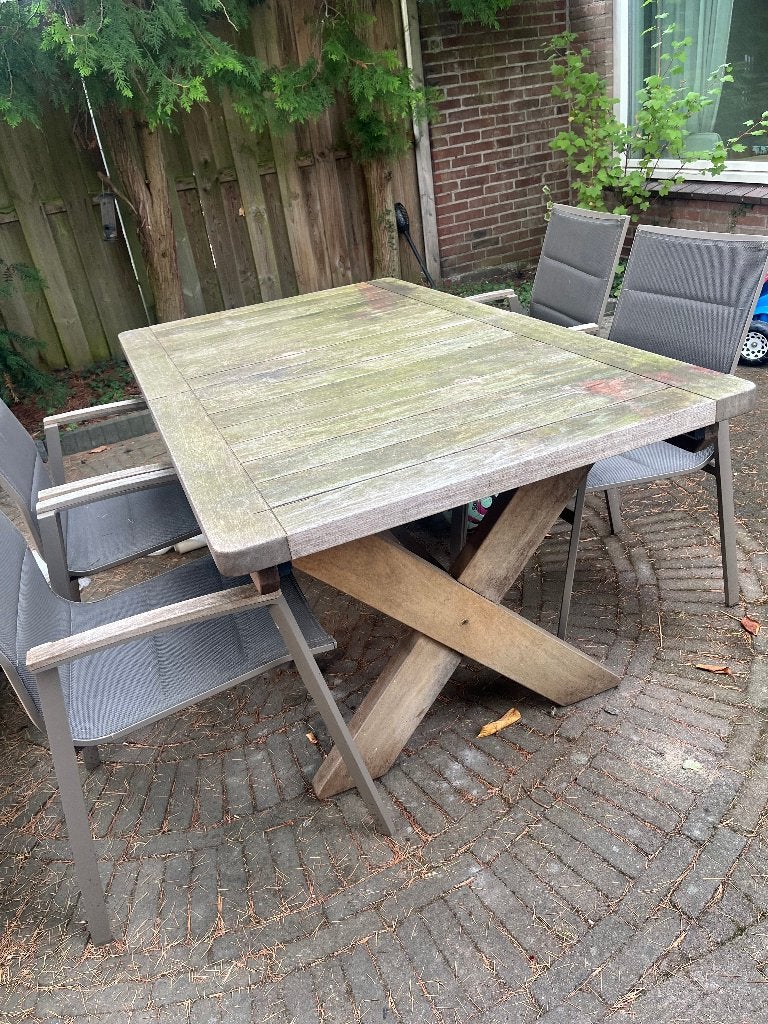 Outdoor Teak Garden Table + 4 Chairs, Ophalen, Gebruikt, Rechthoekig, Teakhout
